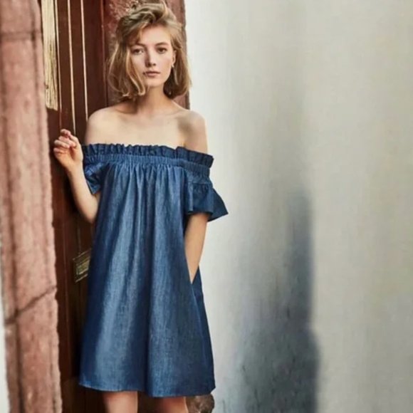 COREY LYNN CALTER off-the-shoulder chambray ruffle relaxed fit dress - Picture 10 of 11